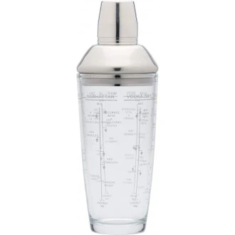 BarCraft Easy Glass Cocktail Shaker with Printed Recipes, 700 ml