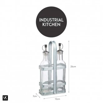 Industrial Kitchen Vintage-Style Glass Oil and Vinegar Cruet Set with Galvanised Steel Holder