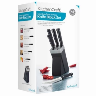 Kitchen Craft 5 Piece Stainless Steel Knife Set Block, Black