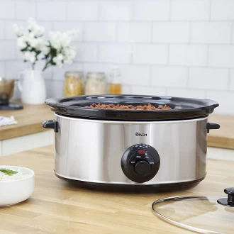 Swan 6.5 Litre Oval Stainless Steel Slow Cooker with 3 Cooking Settings, 320W - Silver