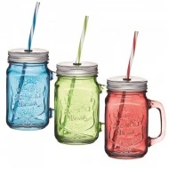 Kitchen Craft 450 ml Glass Drinking Mason Jar with Straw - Assorted Colors