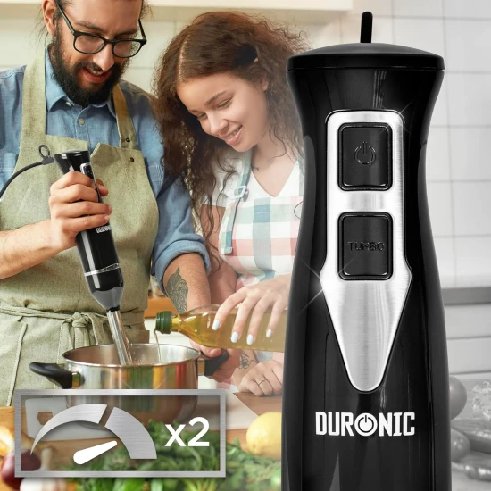 Duronic Electric Hand Blender, 350W Power, Dual Stainless Steel Blades, 40cm Handheld Immersion Stick, Lightweight Design, 600ml capacity Cups/Beakers, for Baby Food, Smoothies