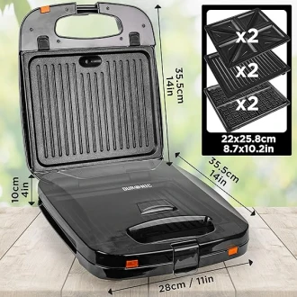 Duronic 3 in 1 Snack Maker Electric Sandwich and Toastie Makers 1200W Waffle Iron Panini Press with Interchangeable Cooking Grill Plates