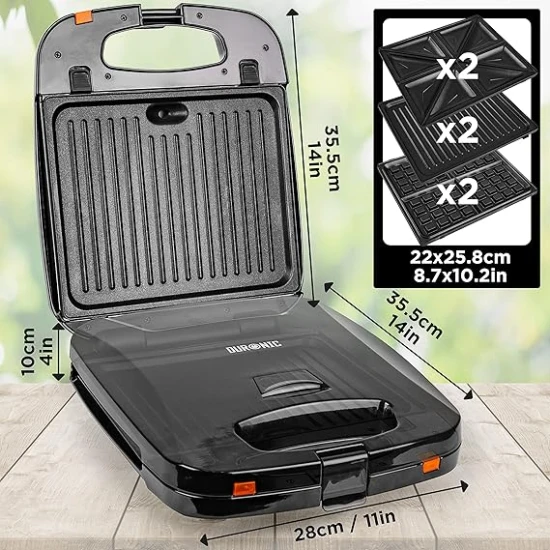Duronic 3 in 1 Snack Maker Electric Sandwich and Toastie Makers 1200W Waffle Iron Panini Press with Interchangeable Cooking Grill Plates