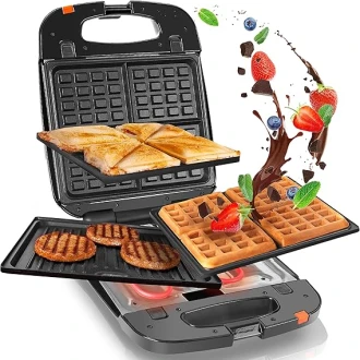 Duronic 3 in 1 Snack Maker Electric Sandwich and Toastie Makers 1200W Waffle Iron Panini Press with Interchangeable Cooking Grill Plates