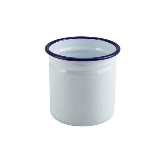 Neville Genware Enamel Cutlery Holder White with Blue Rim - Measures;11 x 11.5cm (H x Dia)