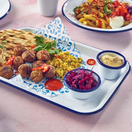 Neville Genware Enamel Serving Tray White with Blue Rim 33.5x23.5x2.2cm