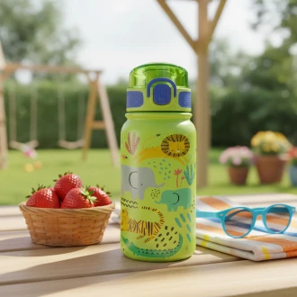 Ari Kids Leak Proof 3D Printed Safari Animals Green Stainless Steel Water Bottle, 400ml