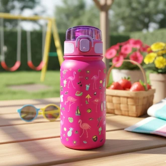 Ari Kids Leak Proof 3D Printed Design Flamingo Pink Stainless Steel Water Bottle, 400ml