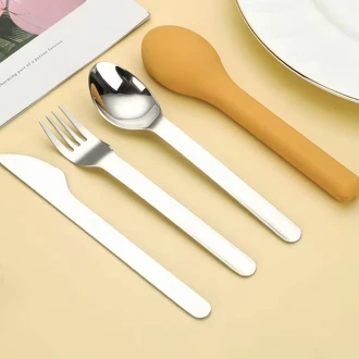 VZ-Stainless Steel 3-Piece Portable Cutlery Set – Knife, Fork & Spoon for Travel, Office & Outdoor Use-Yellow case