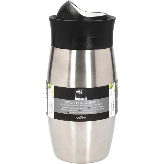 BarCraft Stainless Steel Flip Top Cocktail Shaker, 450ml, Black