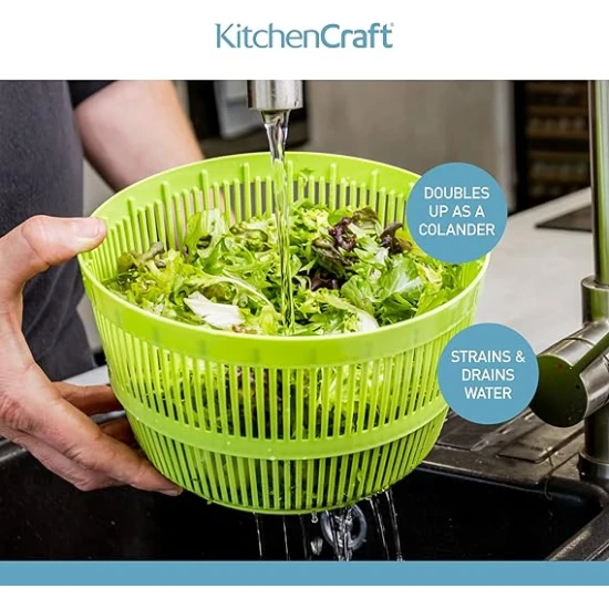 Kitchen Craft Deluxe  Twist ActionSalad Spinner and Dresser, BPA Plastic Free and Easy to Clean, Large, White/Green, 25cm