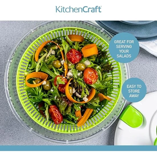 Kitchen Craft Deluxe  Twist ActionSalad Spinner and Dresser, BPA Plastic Free and Easy to Clean, Large, White/Green, 25cm