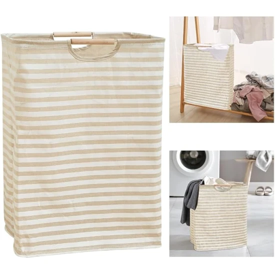 VZ Laundry Basket, Foldable Laundry Hamper, 60 Liters, Khaki and White