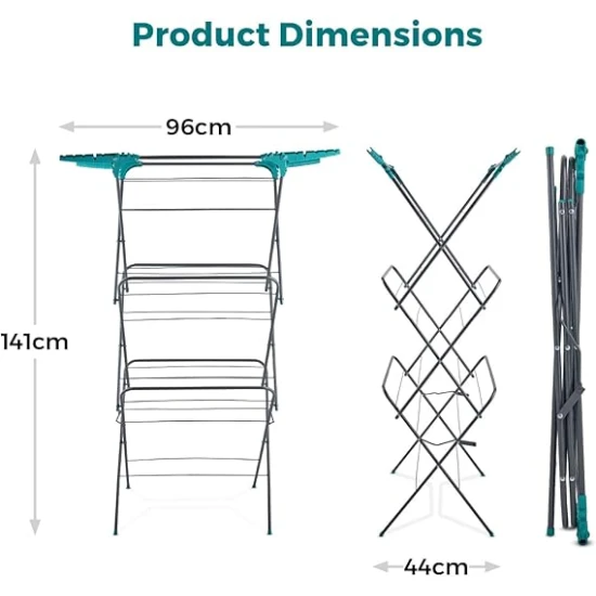 Tower 3 Tier Concertina Clothes Airer with Fold Out Hanger Hooks, 18m Drying Space, Self-Setting Frame, Space- Saving Foldable Design