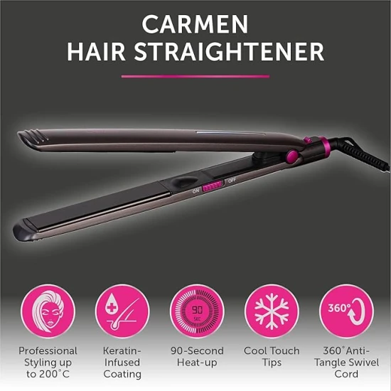 Carmen Neon Hair Straightener with Keratin-Infused Coating and Rapid 90-Second Heat-Up Time, Graphite/Pink