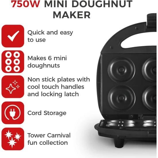Tower Mini Donut Maker, 750W, Non-Stick Plates, Locking Latch, Indicator LED, Black,