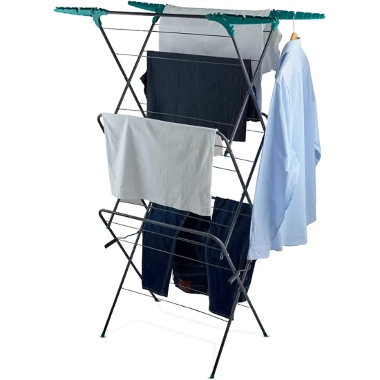 Tower 3 Tier Concertina Clothes Airer with Fold Out Hanger Hooks, 18m Drying Space, Self-Setting Frame, Space- Saving Foldable Design