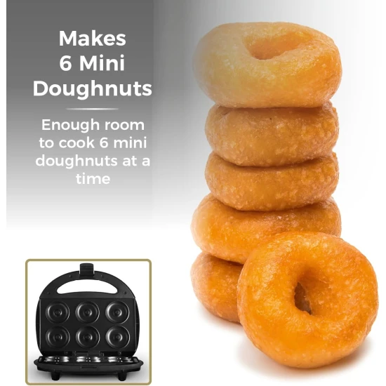 Tower Mini Donut Maker, 750W, Non-Stick Plates, Locking Latch, Indicator LED, Black,