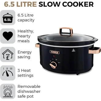 Tower Infinity Slow Cooker with 3 Heat Settings & Keep Warm Function, 6.5L, 300W, Black and Rose Gold