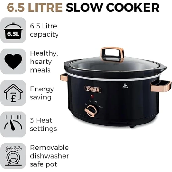 Tower Infinity Slow Cooker with 3 Heat Settings & Keep Warm Function, 6.5L, 300W, Black and Rose Gold