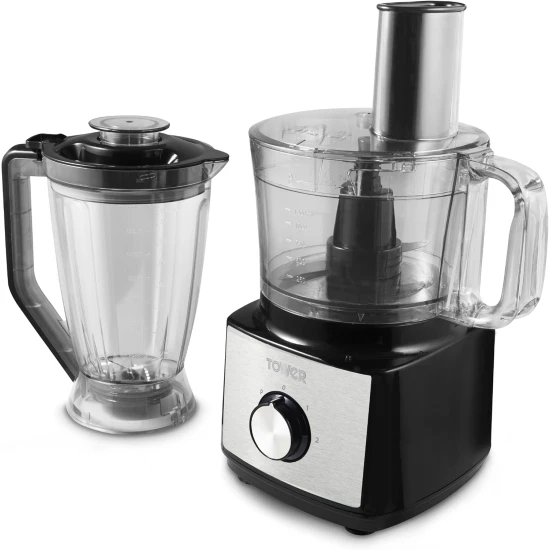 Tower T18008BLK Multi-Function Food Processer & Blender with 2L Mixing Bowl, 1.8L Jug, 2 Speed Settings & Pulse Function, 750W, Black