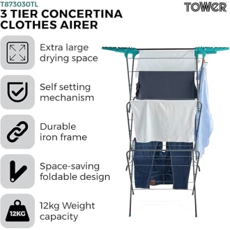 Tower 3 Tier Concertina Clothes Airer with Fold Out Hanger Hooks, 18m Drying Space, Self-Setting Frame, Space- Saving Foldable Design