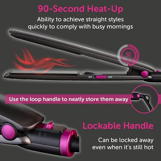 Carmen Neon Hair Straightener with Keratin-Infused Coating and Rapid 90-Second Heat-Up Time, Graphite/Pink