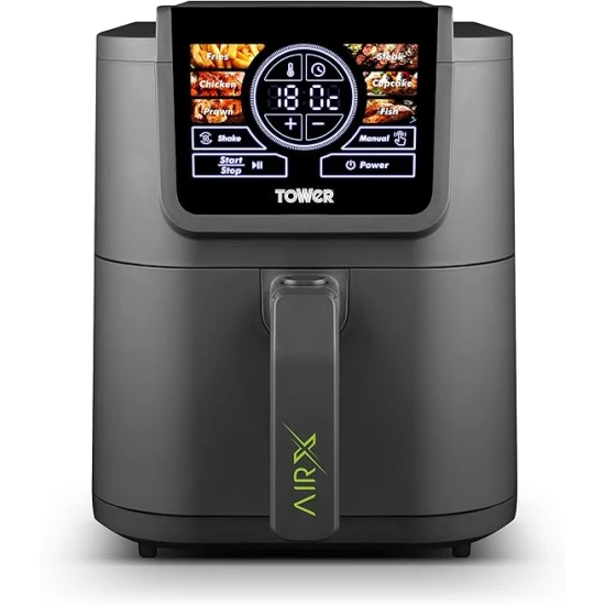 Tower AIRX Digital Single Basket Air Fryer with A.I & Vortx Technology, 6 Cooking Pre-sets, Space Saving Design, 60 Minute Timer, 1500W, Grey,  5 Litre