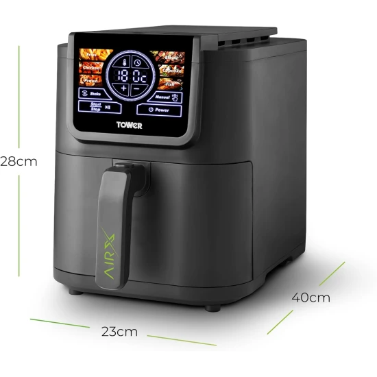 Tower AIRX Digital Single Basket Air Fryer with A.I & Vortx Technology, 6 Cooking Pre-sets, Space Saving Design, 60 Minute Timer, 1500W, Grey,  5 Litre