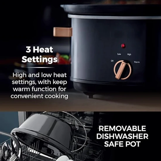 Tower Infinity Slow Cooker with 3 Heat Settings & Keep Warm Function, 6.5L, 300W, Black and Rose Gold
