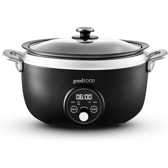 Good Food  GF16010 3.5L Digital Slow Cooker with 3 Heat Settings, Delay Function & Timer, Removable Aluminium Pot, Tempered Glass Lid, Black with Stainless Steel Accents