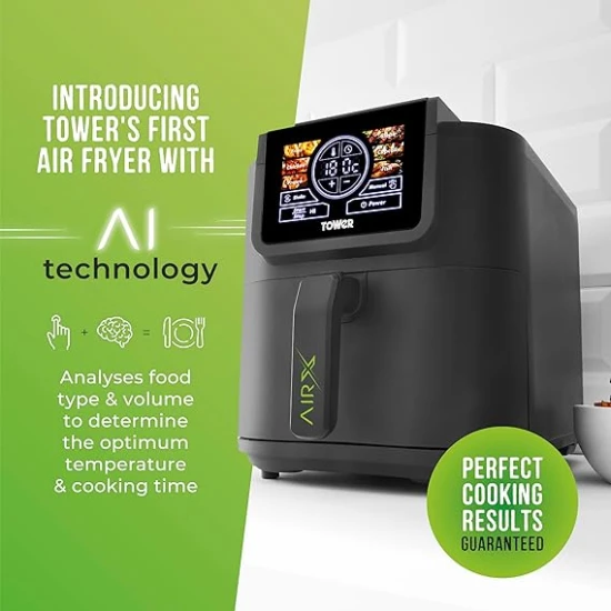 Tower AIRX Digital Single Basket Air Fryer with A.I & Vortx Technology, 6 Cooking Pre-sets, Space Saving Design, 60 Minute Timer, 1500W, Grey,  5 Litre