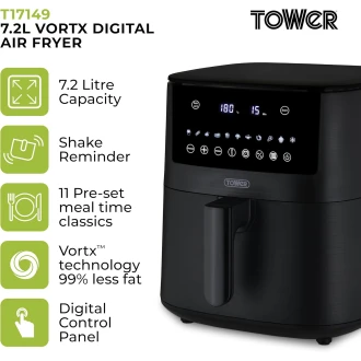Tower Vortx 7.2L Digital Air Fryer with 11 Cooking Presets, 60 Minute Timer, 1650W, Black