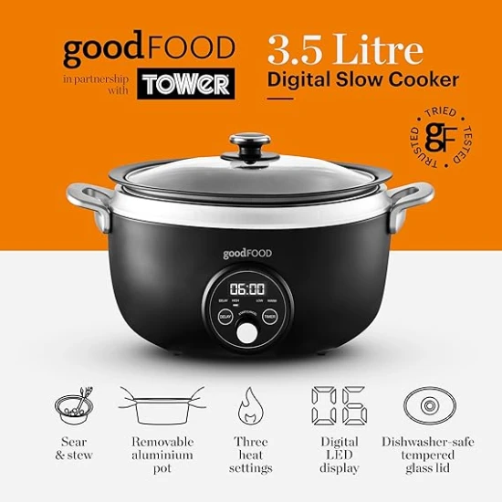 Good Food  GF16010 3.5L Digital Slow Cooker with 3 Heat Settings, Delay Function & Timer, Removable Aluminium Pot, Tempered Glass Lid, Black with Stainless Steel Accents