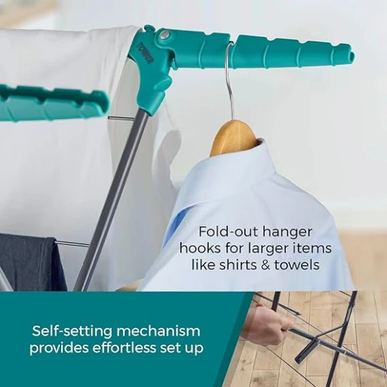 Tower 3 Tier Concertina Clothes Airer with Fold Out Hanger Hooks, 18m Drying Space, Self-Setting Frame, Space- Saving Foldable Design