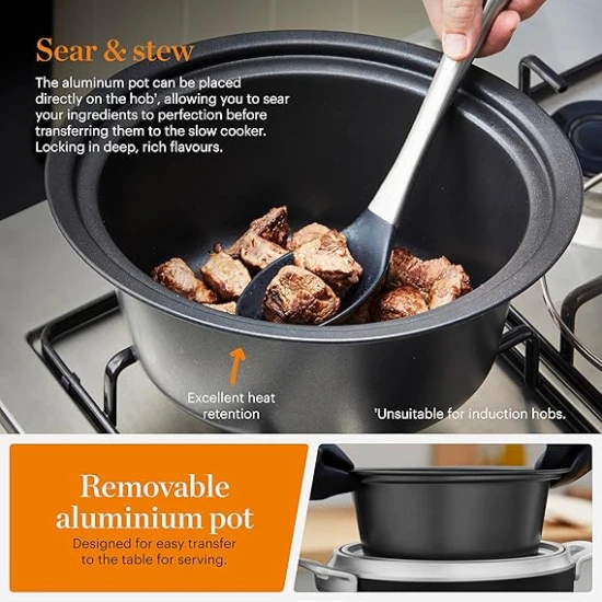 Good Food  GF16010 3.5L Digital Slow Cooker with 3 Heat Settings, Delay Function & Timer, Removable Aluminium Pot, Tempered Glass Lid, Black with Stainless Steel Accents
