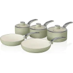 Swan Retro 5 Piece Aluminium Pan Set with Glass Lid, Non-Stick Ceramic Coating, Green