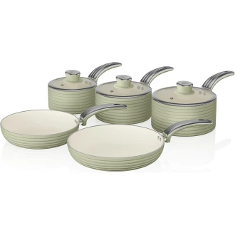 Swan Retro 5 Piece Aluminium Pan Set with Glass Lid, Non-Stick Ceramic Coating, Green