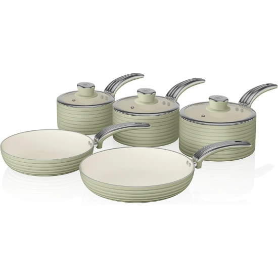 Swan Retro 5 Piece Aluminium Pan Set with Glass Lid, Non-Stick Ceramic Coating, Green