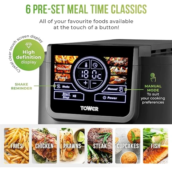 Tower AIRX Digital Single Basket Air Fryer with A.I & Vortx Technology, 6 Cooking Pre-sets, Space Saving Design, 60 Minute Timer, 1500W, Grey,  5 Litre