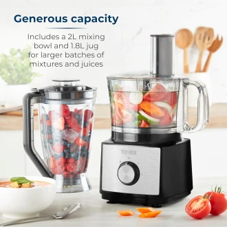 Tower T18008BLK Multi-Function Food Processer & Blender with 2L Mixing Bowl, 1.8L Jug, 2 Speed Settings & Pulse Function, 750W, Black