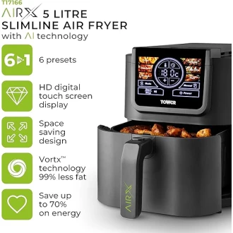 Tower AIRX Digital Single Basket Air Fryer with A.I & Vortx Technology, 6 Cooking Pre-sets, Space Saving Design, 60 Minute Timer, 1500W, Grey,  5 Litre