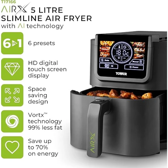 Tower AIRX Digital Single Basket Air Fryer with A.I & Vortx Technology, 6 Cooking Pre-sets, Space Saving Design, 60 Minute Timer, 1500W, Grey,  5 Litre