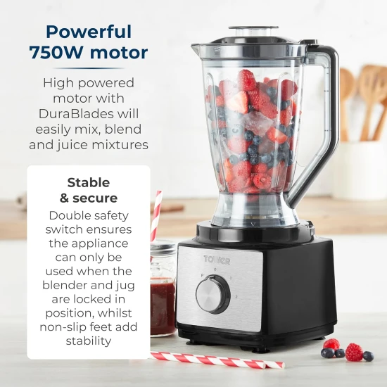 Tower T18008BLK Multi-Function Food Processer & Blender with 2L Mixing Bowl, 1.8L Jug, 2 Speed Settings & Pulse Function, 750W, Black