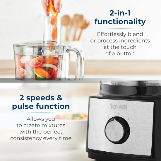 Tower T18008BLK Multi-Function Food Processer & Blender with 2L Mixing Bowl, 1.8L Jug, 2 Speed Settings & Pulse Function, 750W, Black