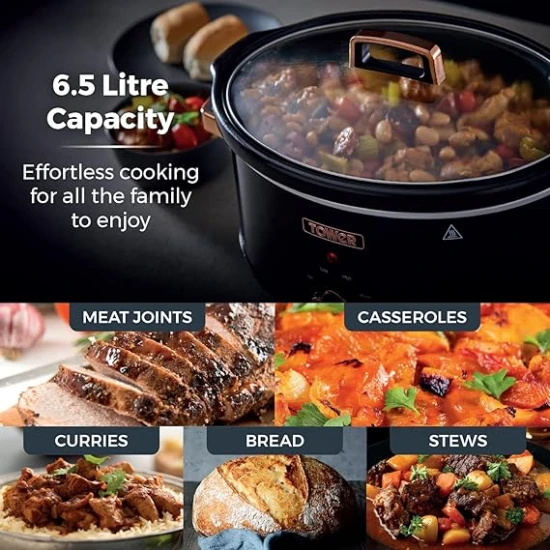 Tower Infinity Slow Cooker with 3 Heat Settings & Keep Warm Function, 6.5L, 300W, Black and Rose Gold