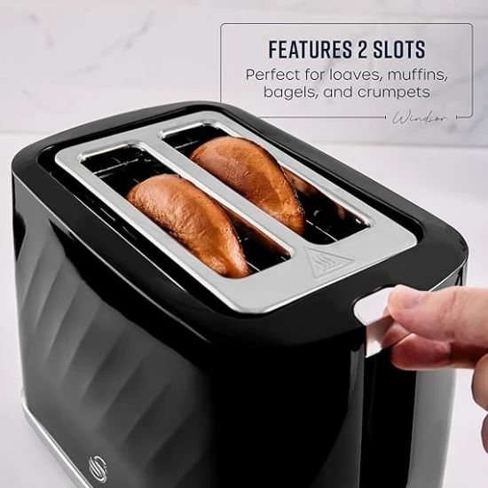 Swan Windsor 2 Slice Toaster with 7 Browning Levels, Defrost/Reheat/Cancel Functions, Self-Centring Functions and Removable Crumb Tray, 900W, Black