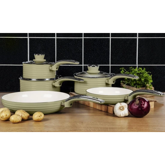Swan Retro 5 Piece Aluminium Pan Set with Glass Lid, Non-Stick Ceramic Coating, Green