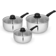 Swan Townhouse 3 Piece Stainless Steel Saucepan Set with 16/18/20cm Saucepans with Glass Lids, Suitable for All Hob Types (including induction), Stainless Steel